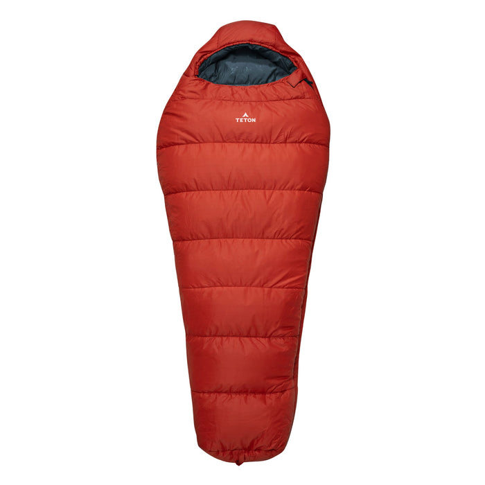 Leef Mummy Sleeping Bag in Fire & Slate with Teton brand logo on a white background