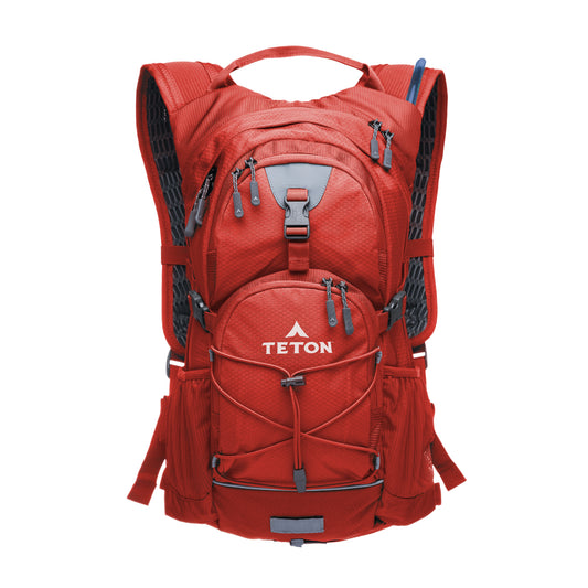 Red 18L hydration backpack with Teton logo on a white background