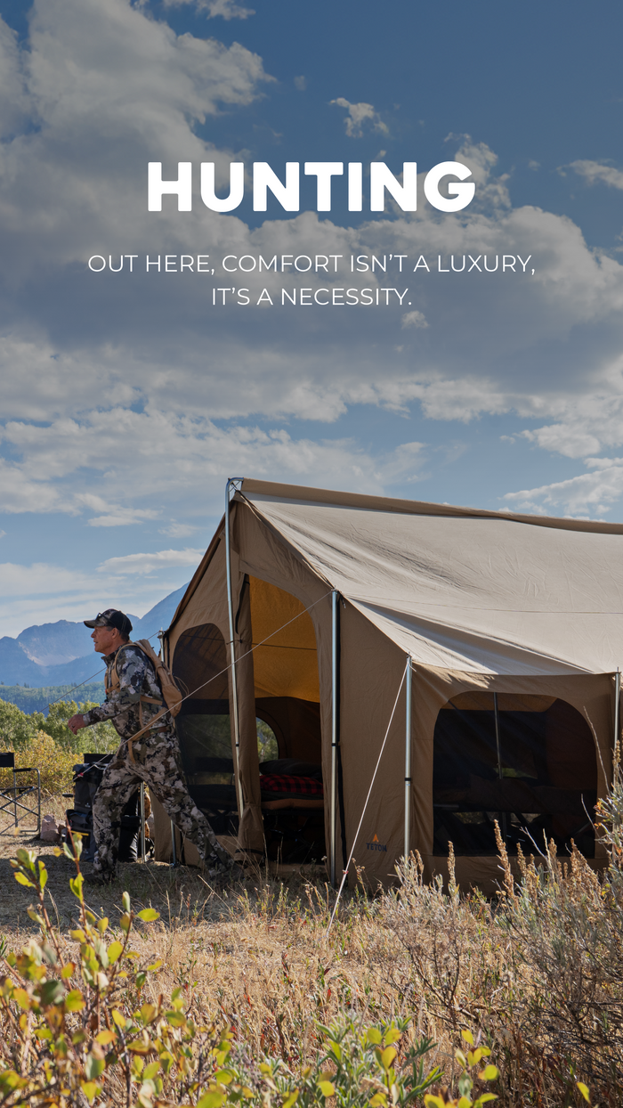 Hunting Solutions: Person sitting by a tent in a scenic outdoor setting with text about hunting comfort.