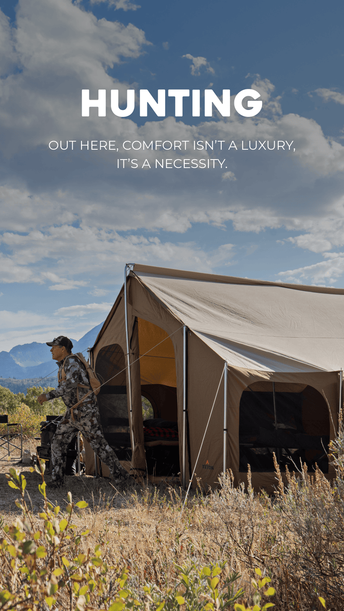 Hunting Solutions: Person sitting by a tent in a scenic outdoor setting with text about hunting comfort.