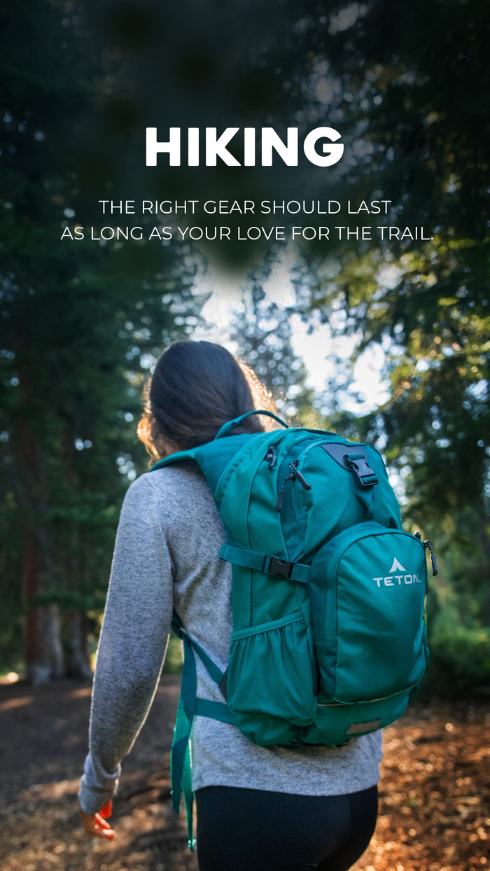 Hiking Solutions: Person hiking with a green backpack in a forest, with text about hiking gear.