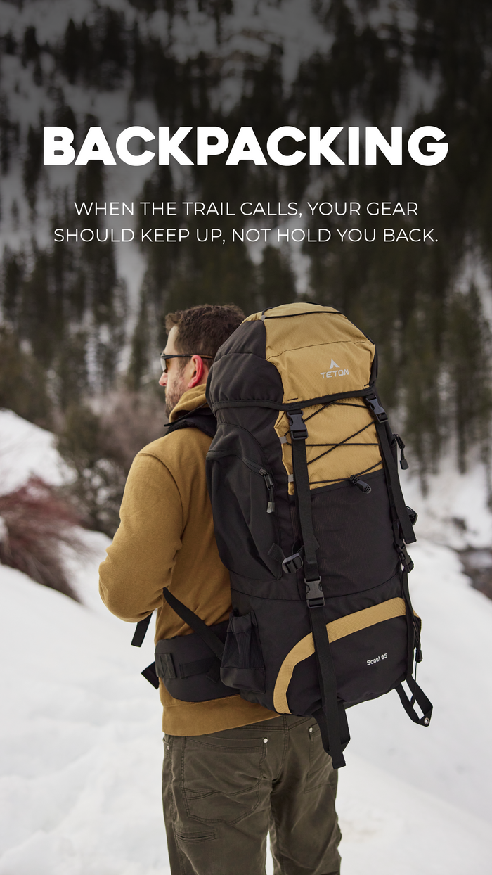 Backpacking Solutions: Man with a large backpack in a snowy landscape with text about backpacking gear.