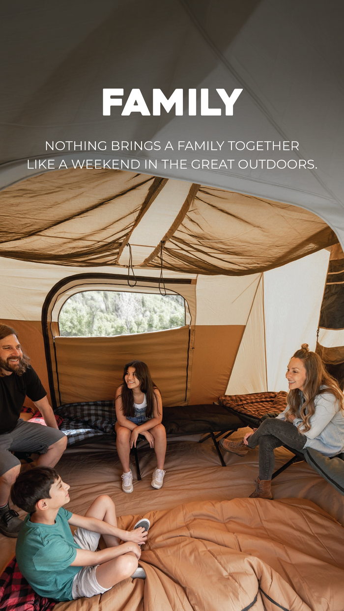 Family Camping Solutions: Family sitting inside a tent with text 'FAMILY: Nothing brings a family together like a weekend in the great outdoors.'
