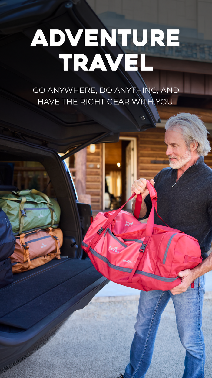 Adventure Travel Solutions: Man loading a red duffel bag into an open car trunk with text about adventure travel.
