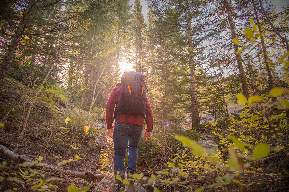 Man walking in woods with backpack solo.