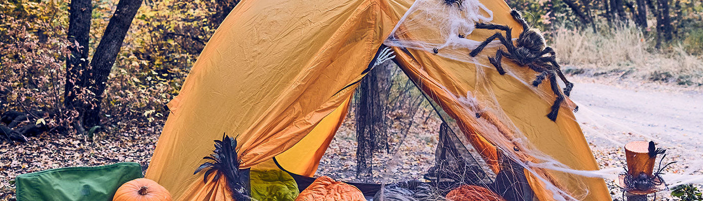 A mountain ultra tent decorated spookily for Halloween