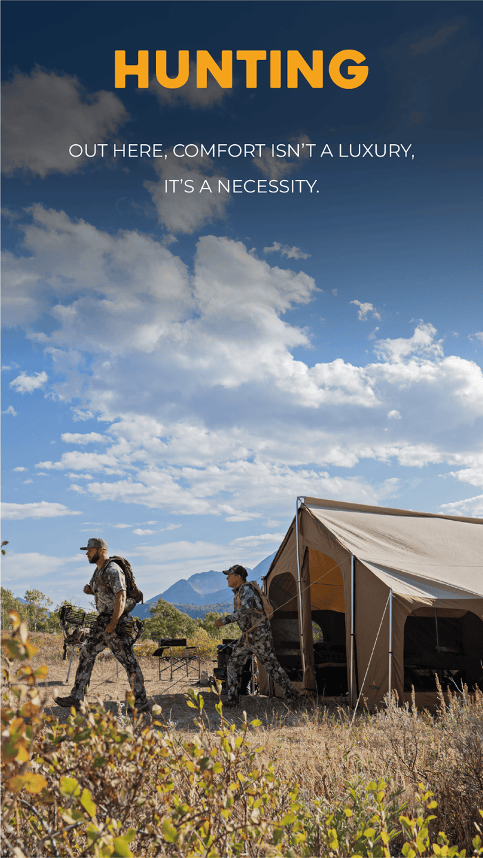 Hunting Solutions Two hunters near a tent with a scenic background and text about hunting comfort.