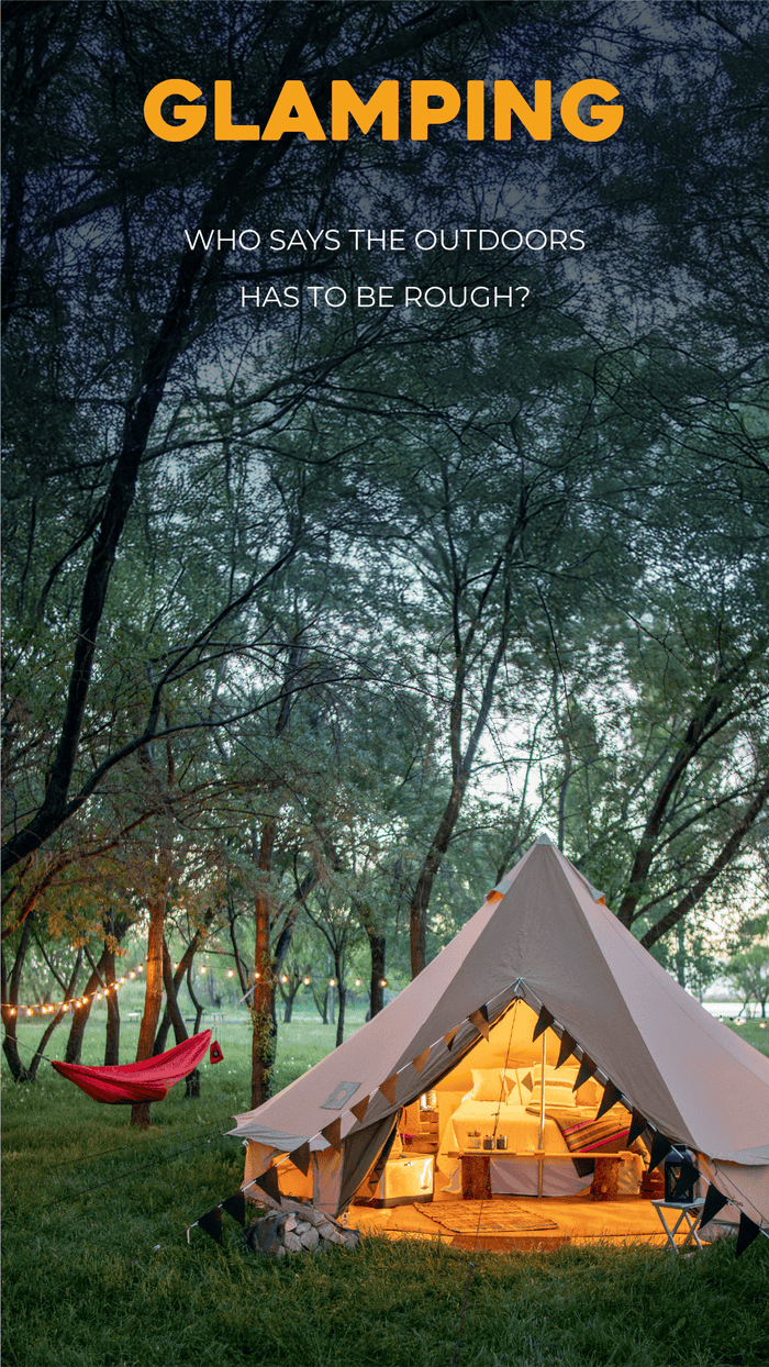 GLAMPING SOLUTIONS Glamping scene with a tent illuminated by lights, surrounded by trees and a hammock.