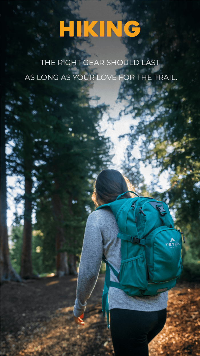 Hiking Solution Person hiking with a green backpack in a forest, with text about hiking gear.
