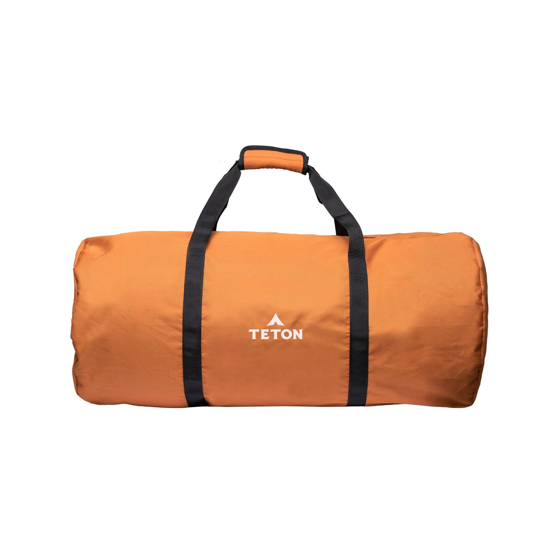 Brown duffel bag with black straps and Teton brand logo on a white background