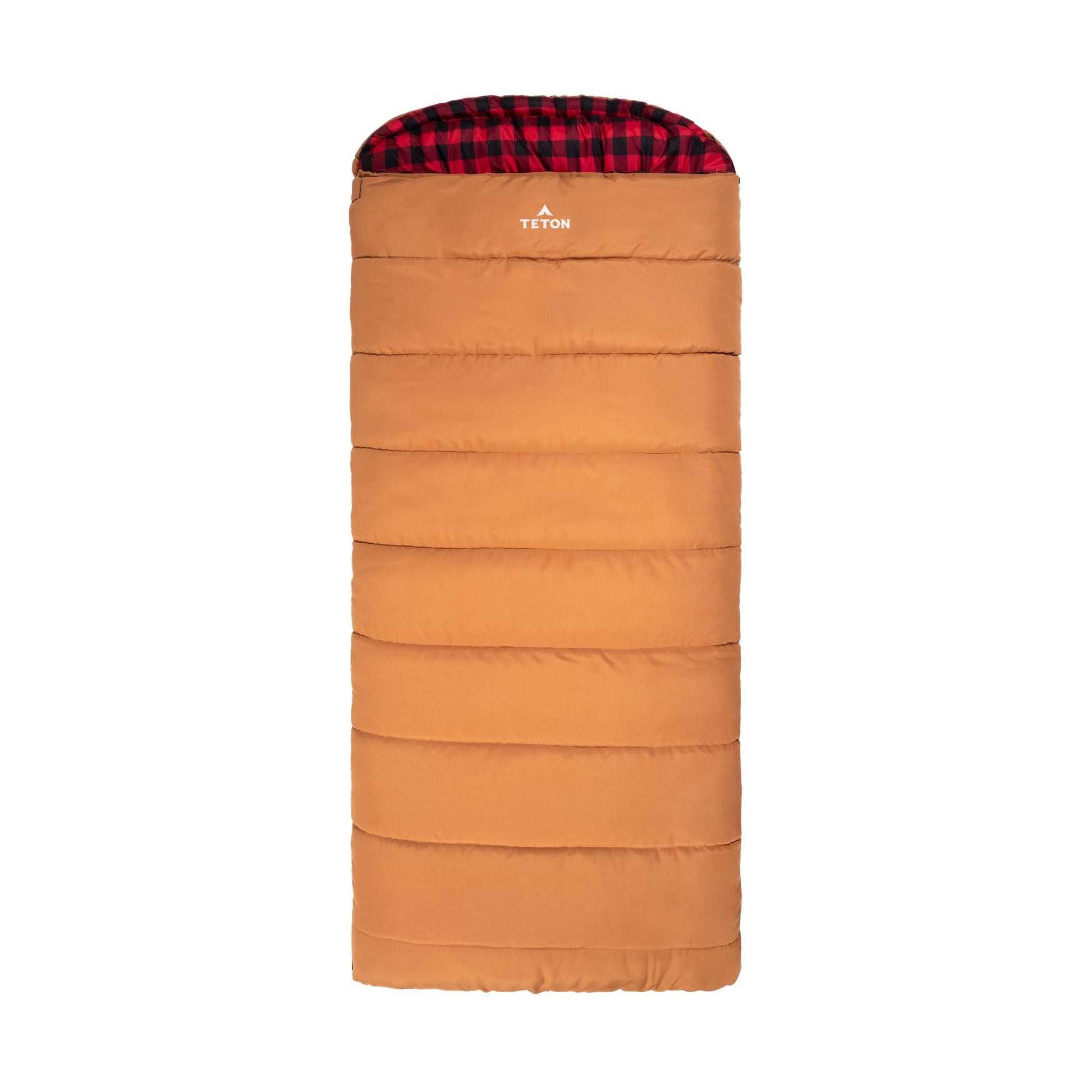 Brown Bridger sleeping bag with red and black checkered inner on a white background