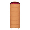 Brown Bridger sleeping bag with red and black checkered inner on a white background