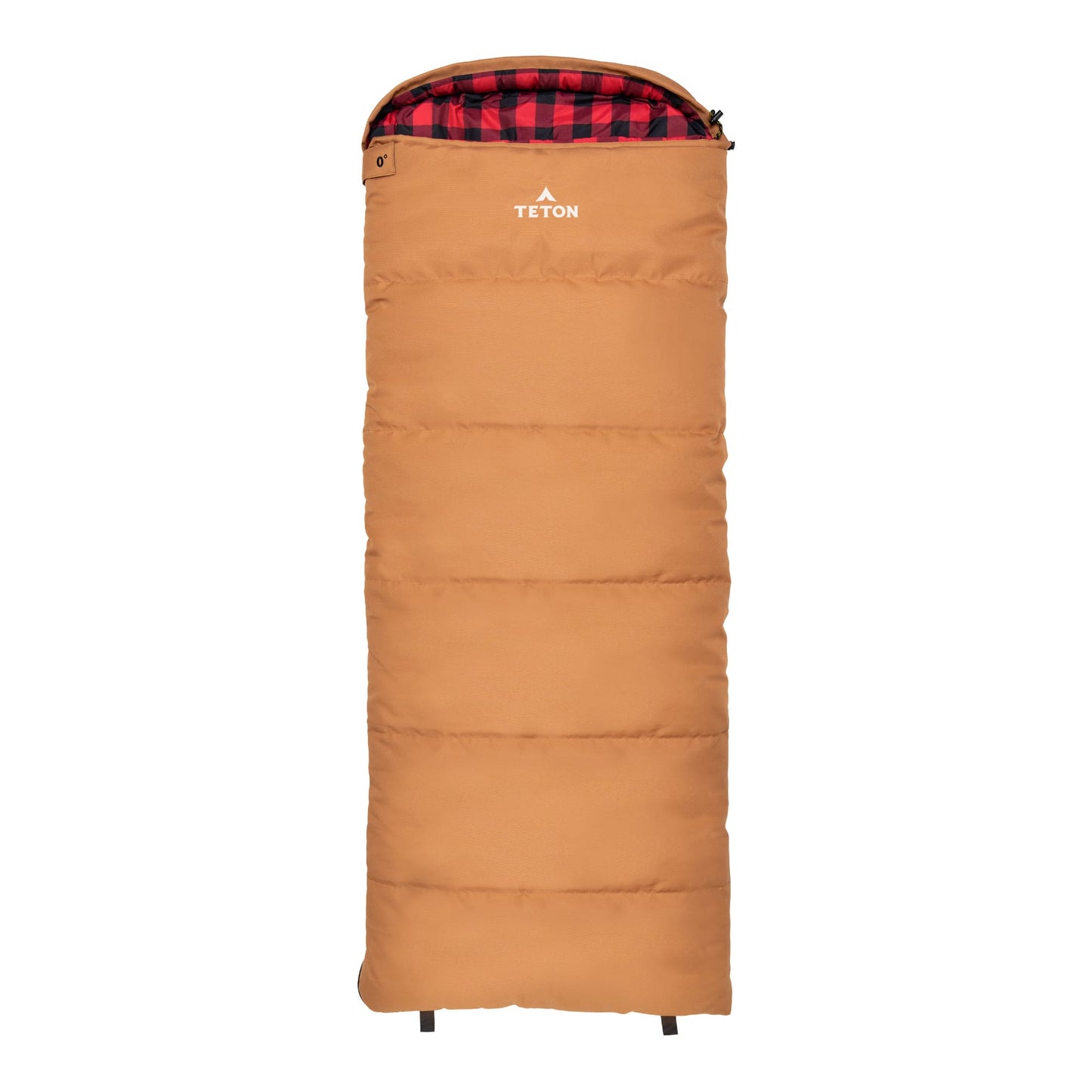 Brown Bridger sleeping bag with red and black checkered inner on a white background