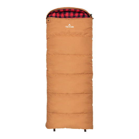 Brown Bridger sleeping bag with red and black checkered inner on a white background
