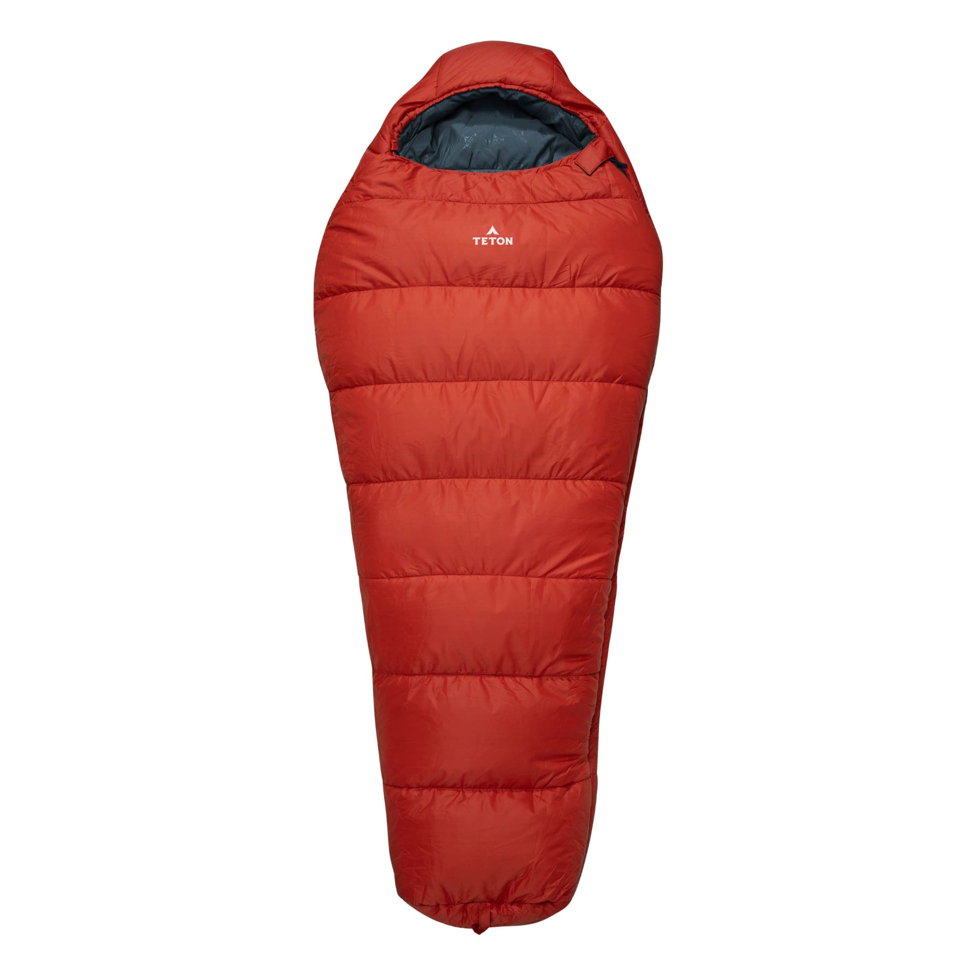 Leef Mummy Sleeping Bag in Fire & Slate with Teton brand logo on a white background