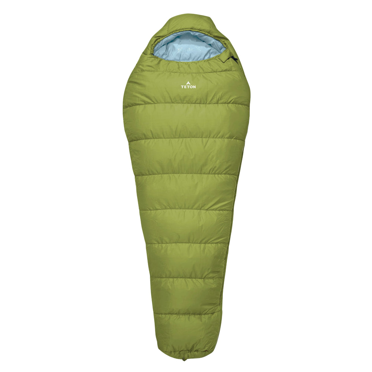 Leef Mummy Sleeping Bag in Moss & Sky with Teton brand logo on a white background