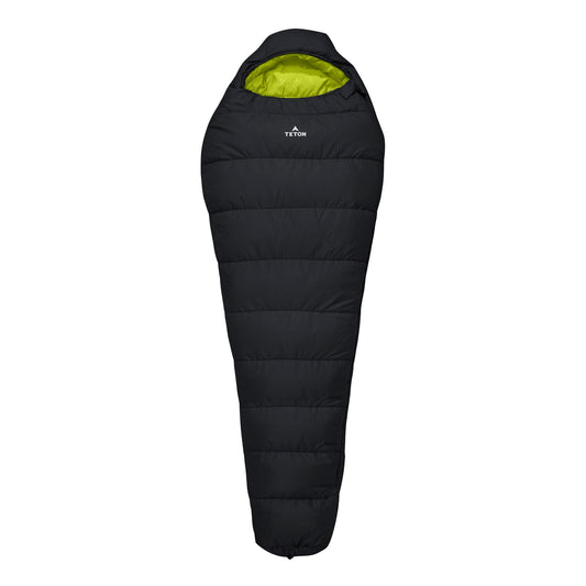 Leef Mummy Sleeping Bag in Black & Sage with Teton brand logo on a white background