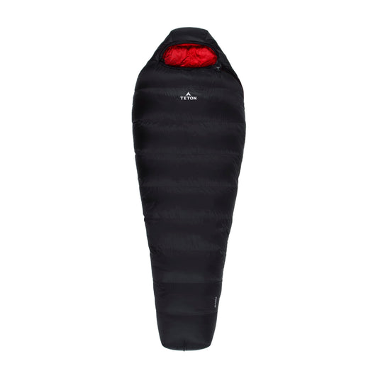 Altos Mummy Sleeping Bag in Black with Teton brand logo on a white background