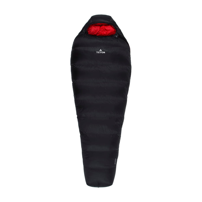 Altos Mummy Sleeping Bag in Black with Teton brand logo on a white background