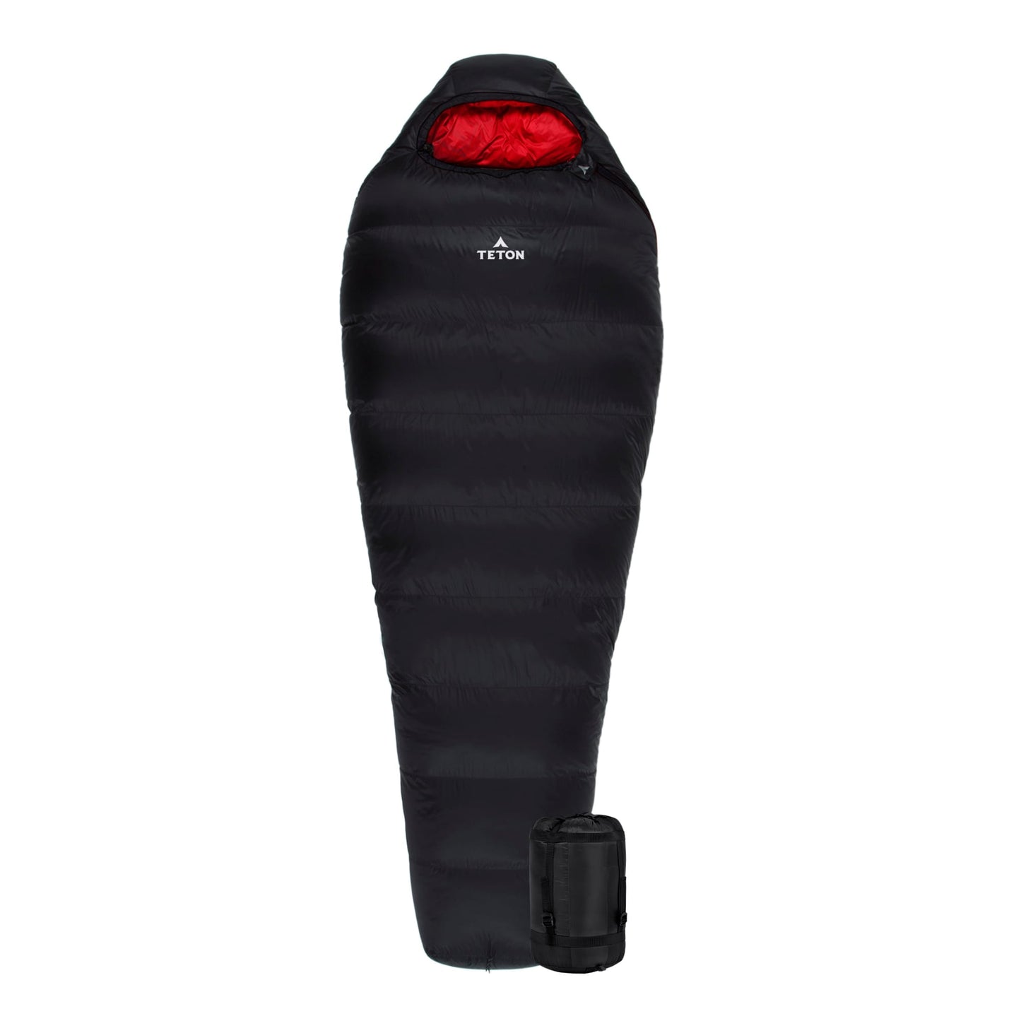 Altos Mummy Sleeping Bag in Black with Teton brand logo and stuff sack on a white background