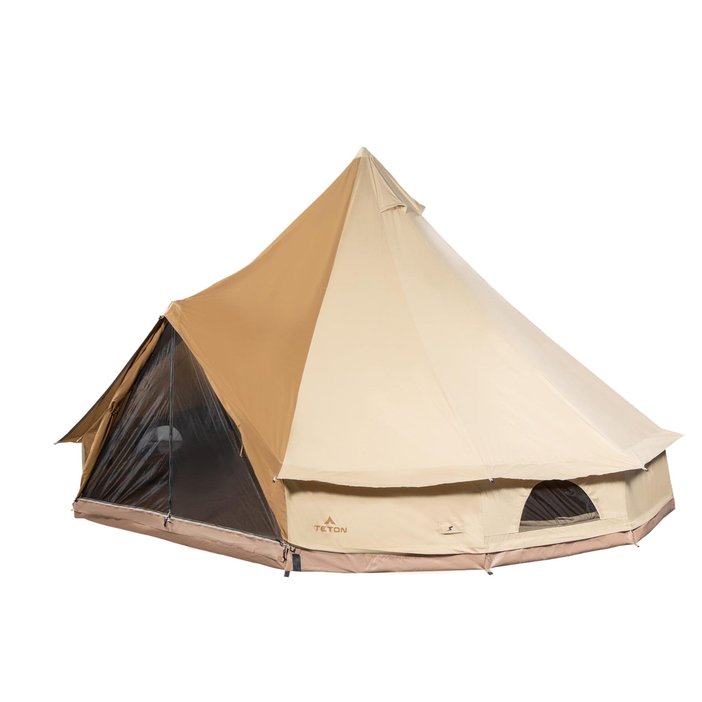 Beige camping tent with mesh side on a white background