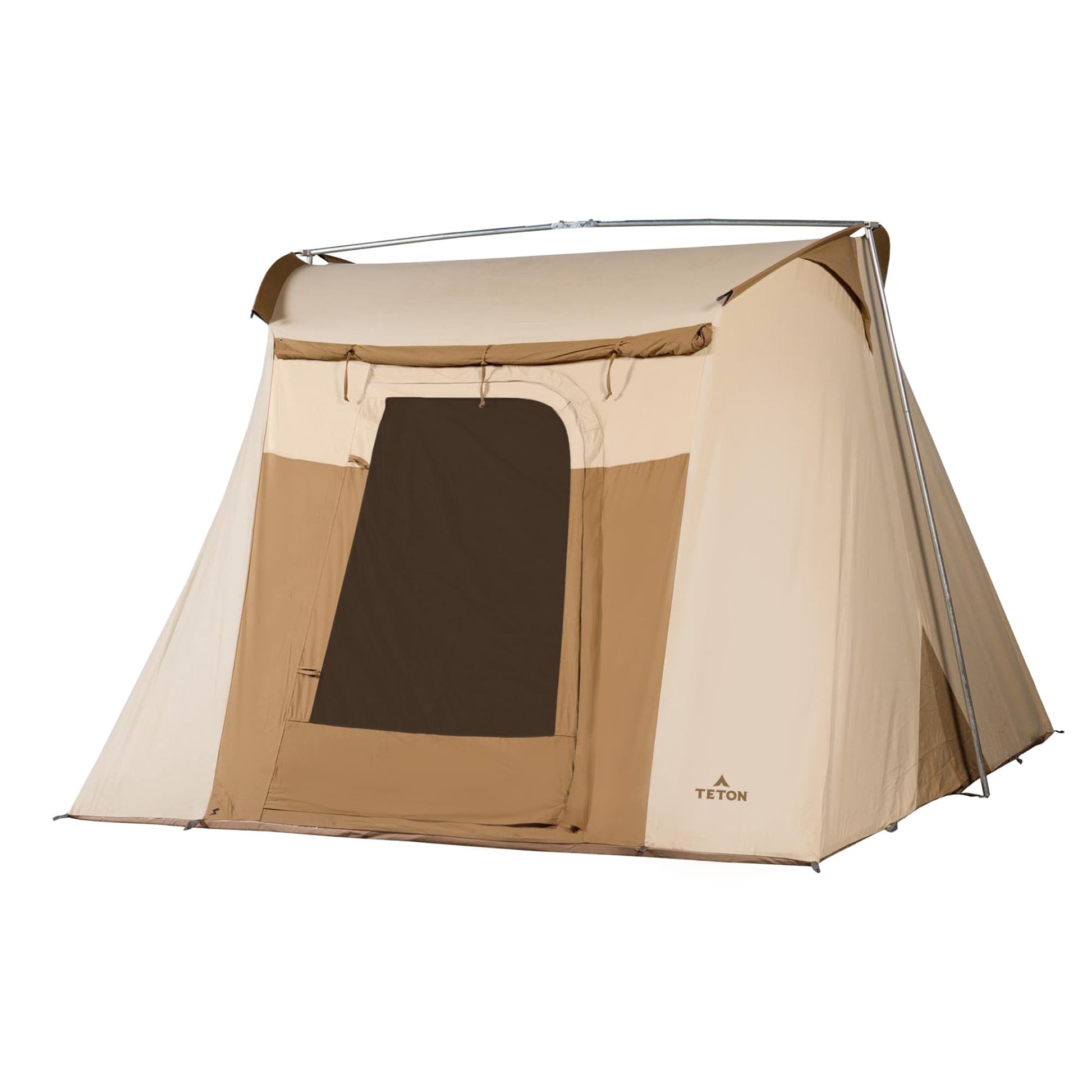 Beige and brown tent with a mesh door on a white background, featuring the Teton brand.