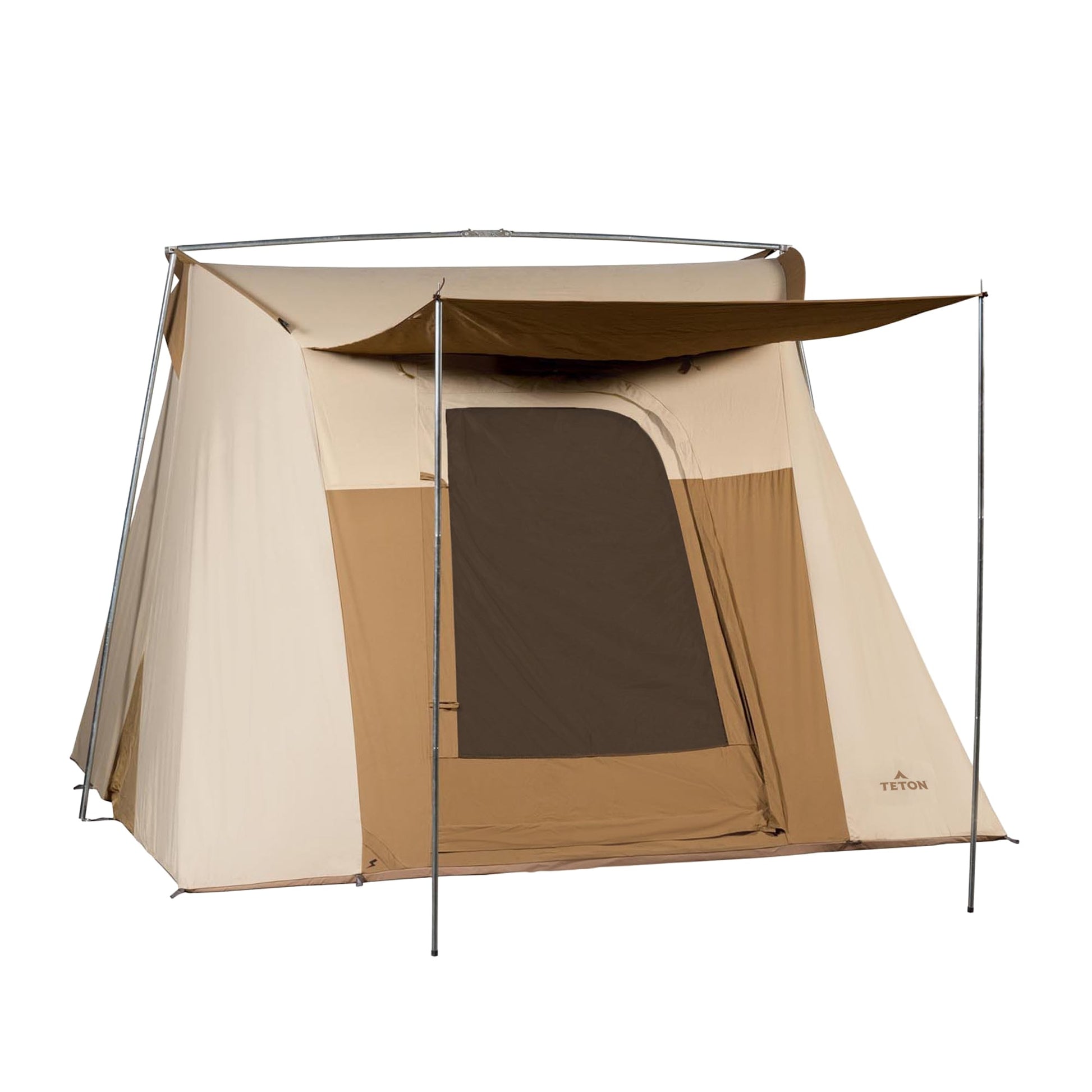 Beige and brown tent with an awning on a white background
