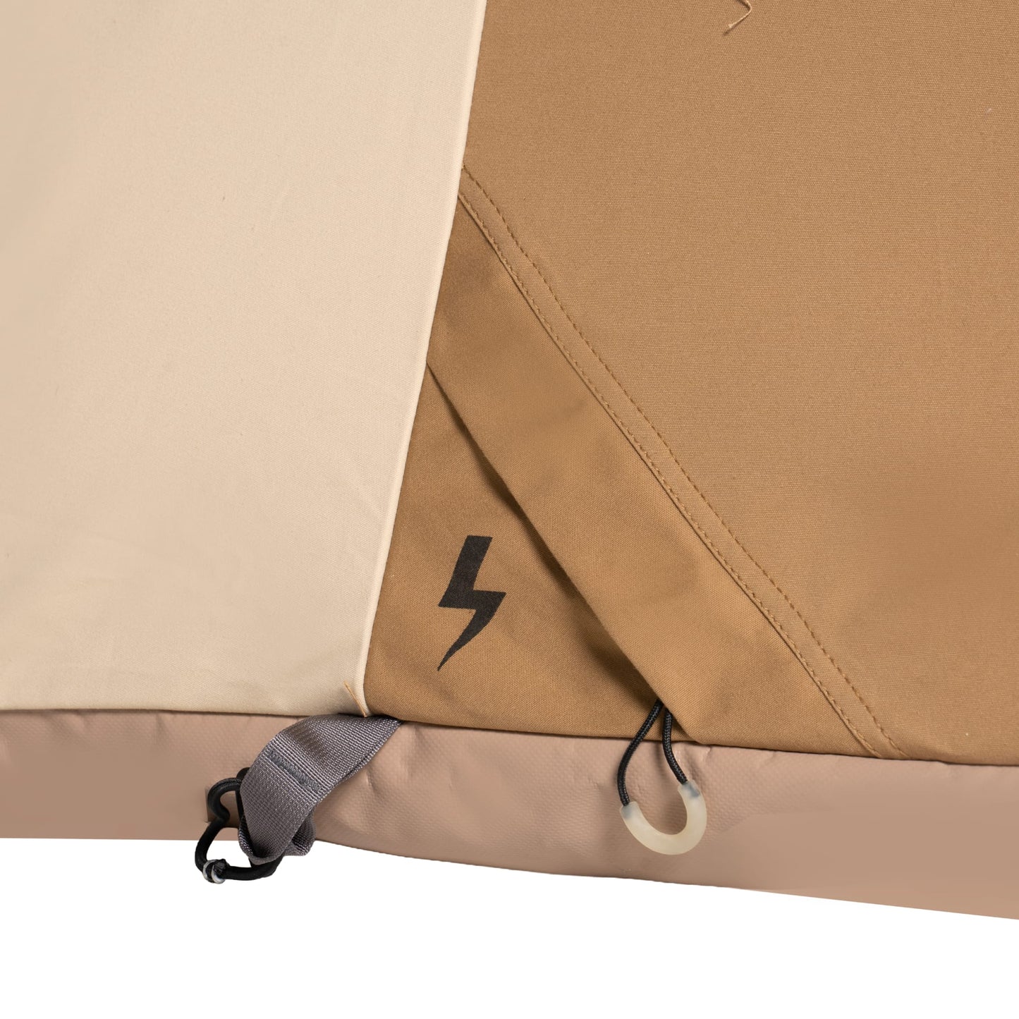 Close-up of Teton Mesa 10 x 10 with a black lightning bolt logo on a white background indicating insert for power