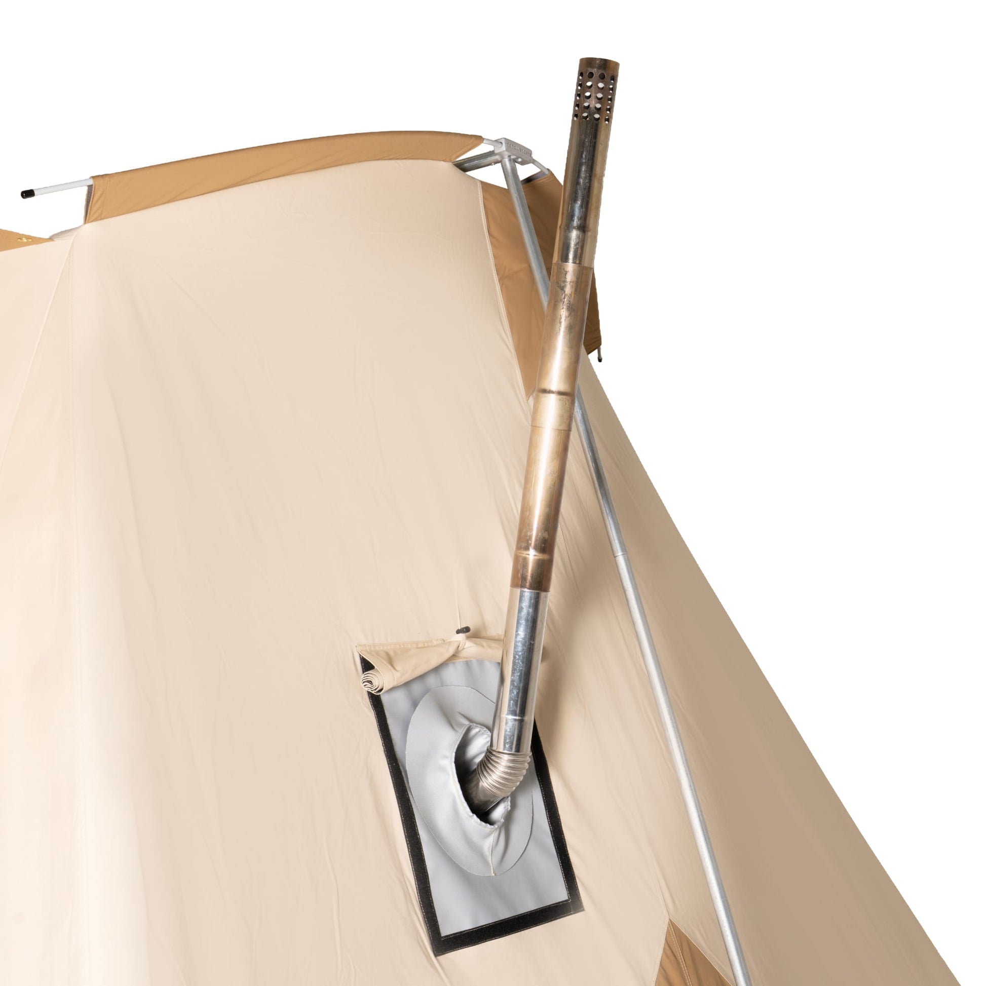 Teton Mesa 10 x 14 with a stove chimney inside a stove jack, on a white background