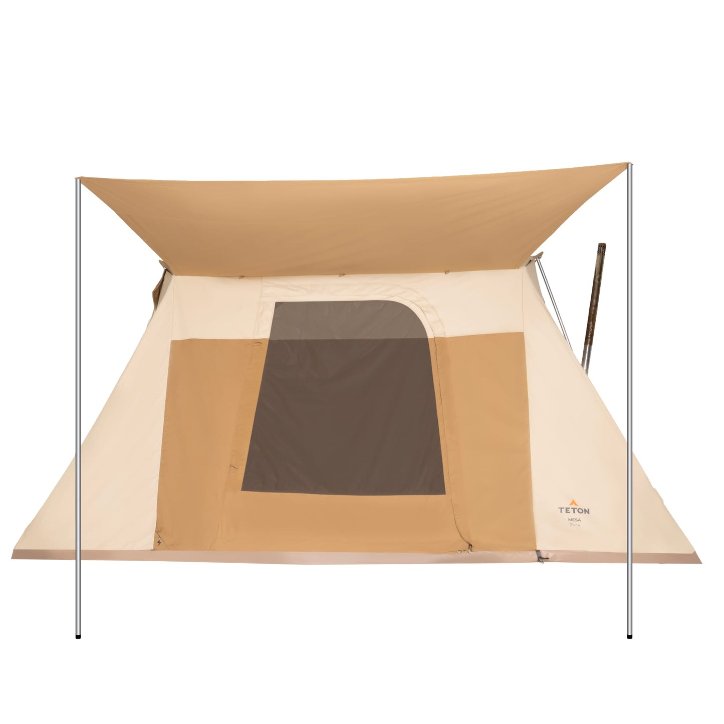 Front-facing Teton Mesa 10 x 14 canvas tent with a beige and brown design on a white background, featuring a side stove jack and an extended awning setup.