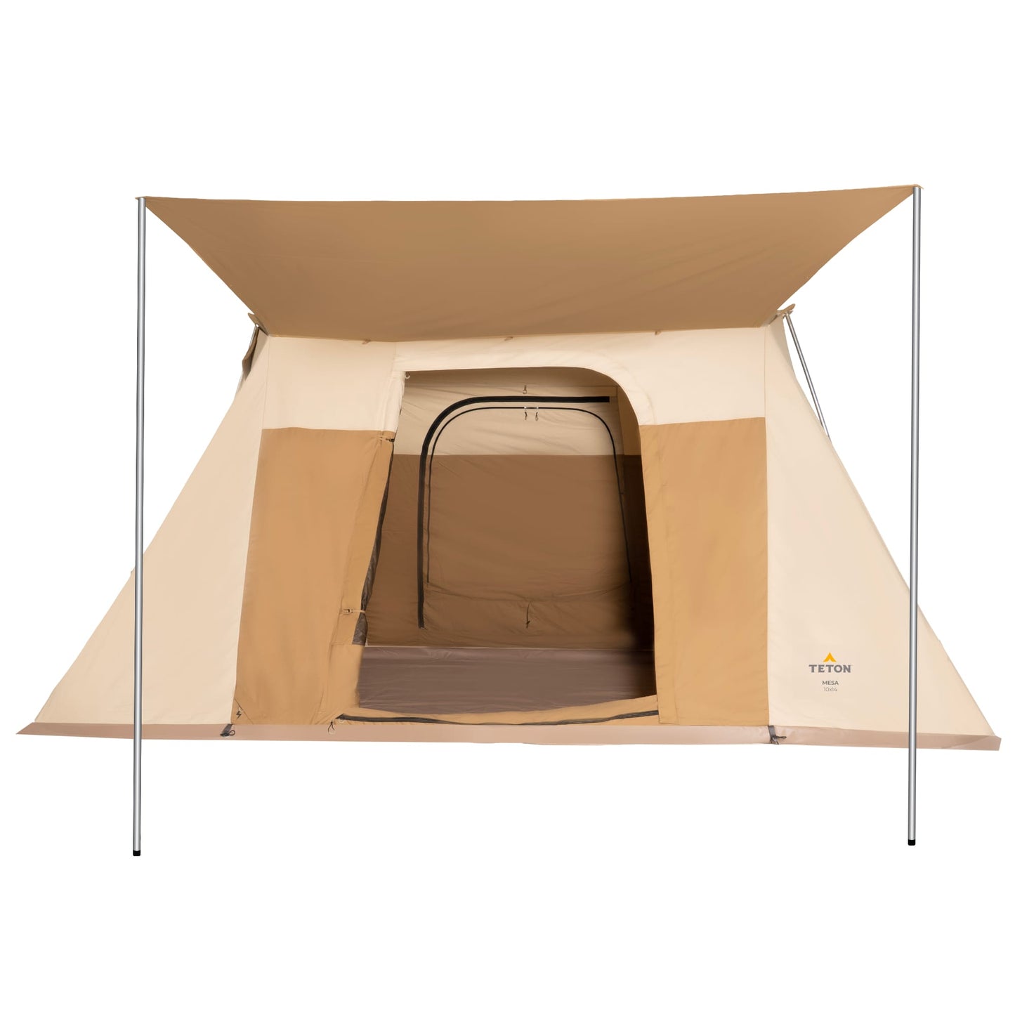 Teton Mesa 10 x 14 with a partially open door on a white background with an extended awning