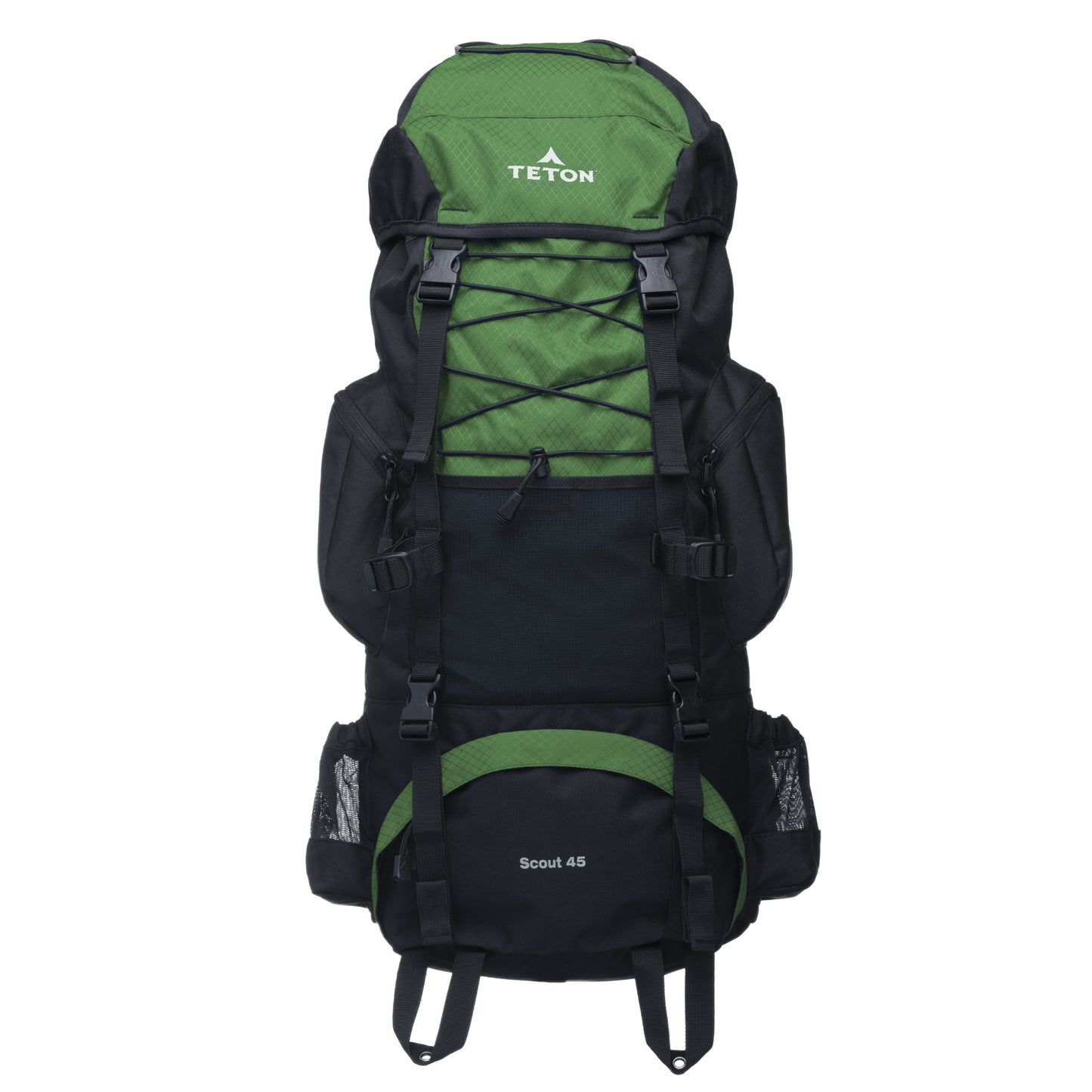 Green and black 45L backpack with 'Teton' branding on a white background