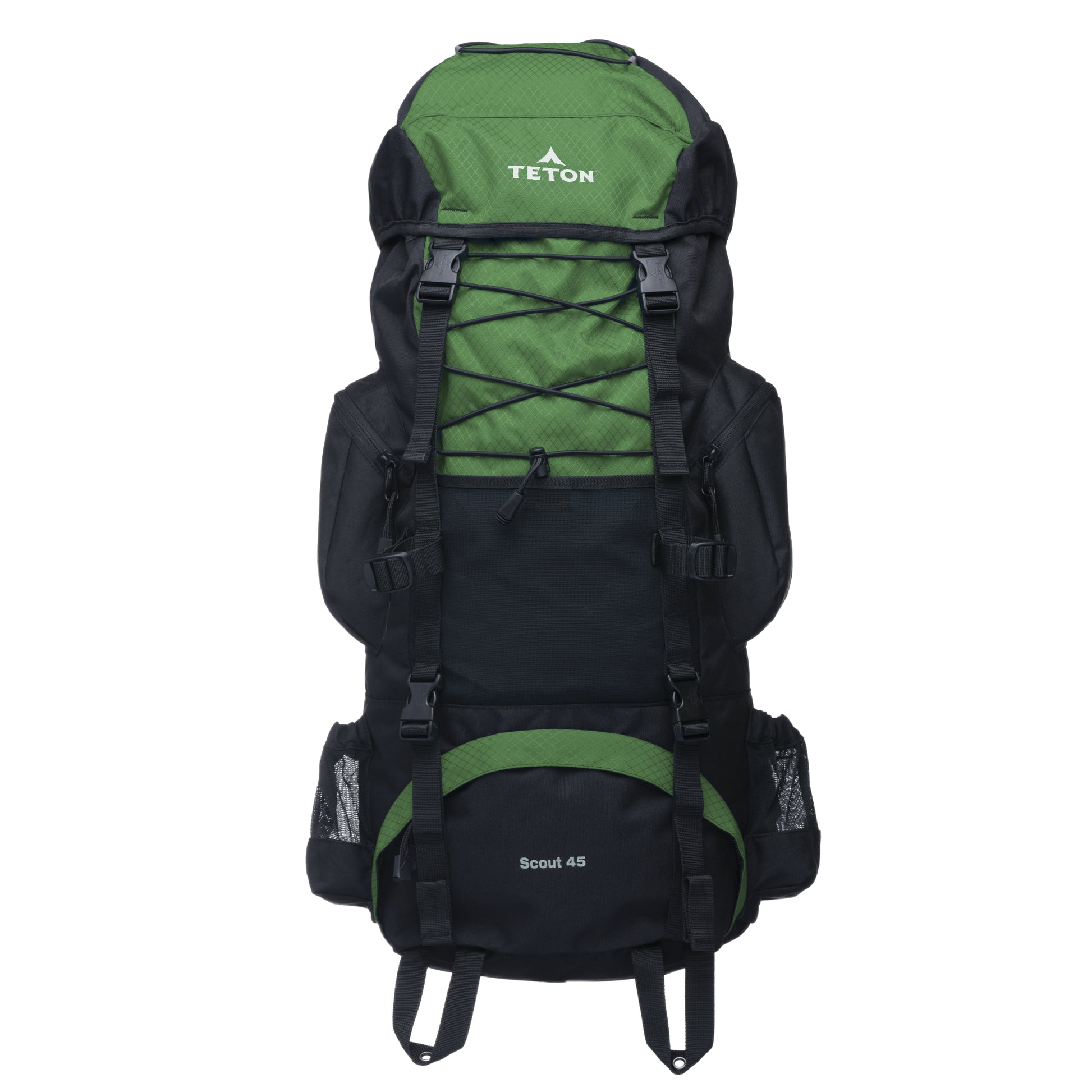 Green and black 45L backpack with 'Teton' branding on a white background