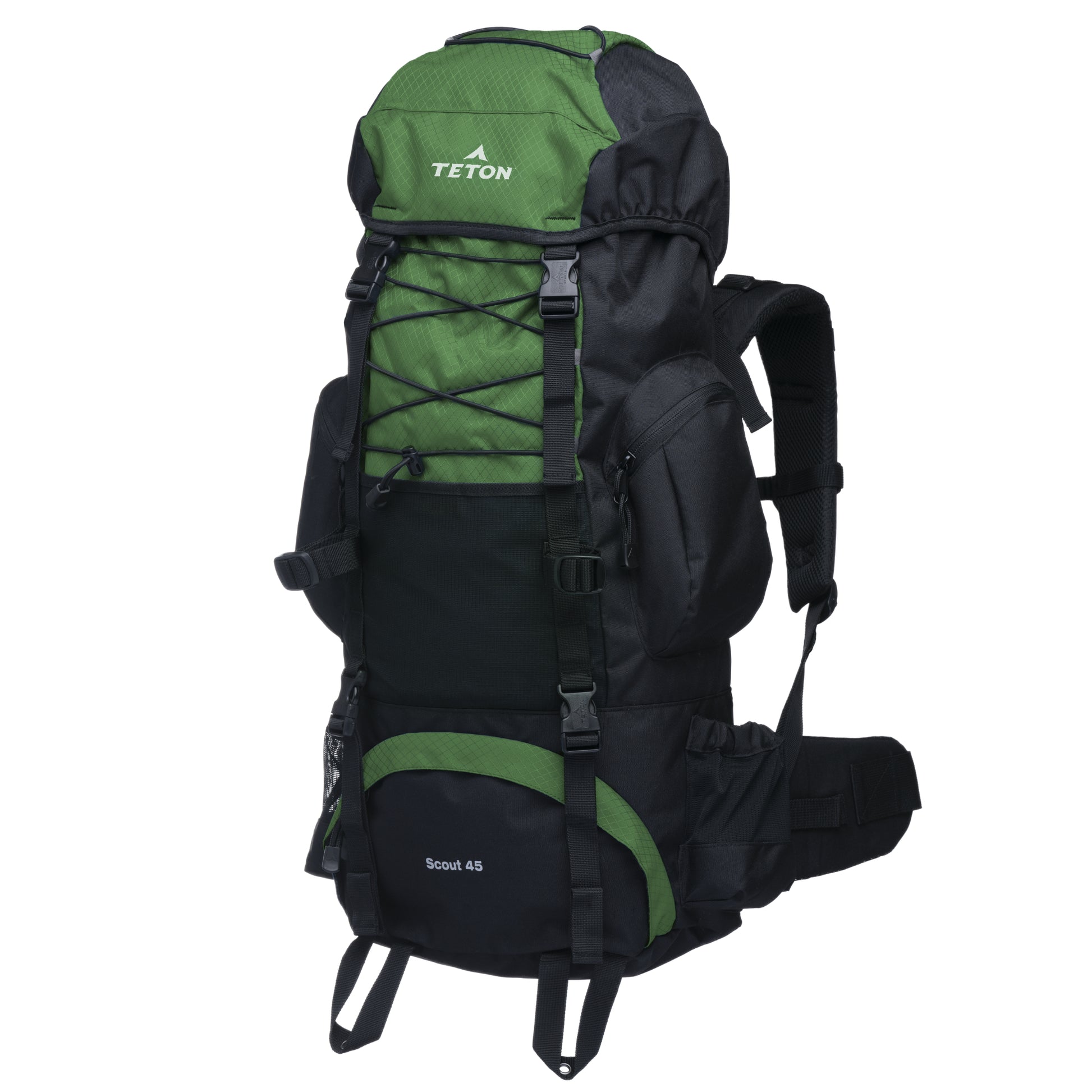 Green and black 45L hiking backpack with Teton brand on a white background