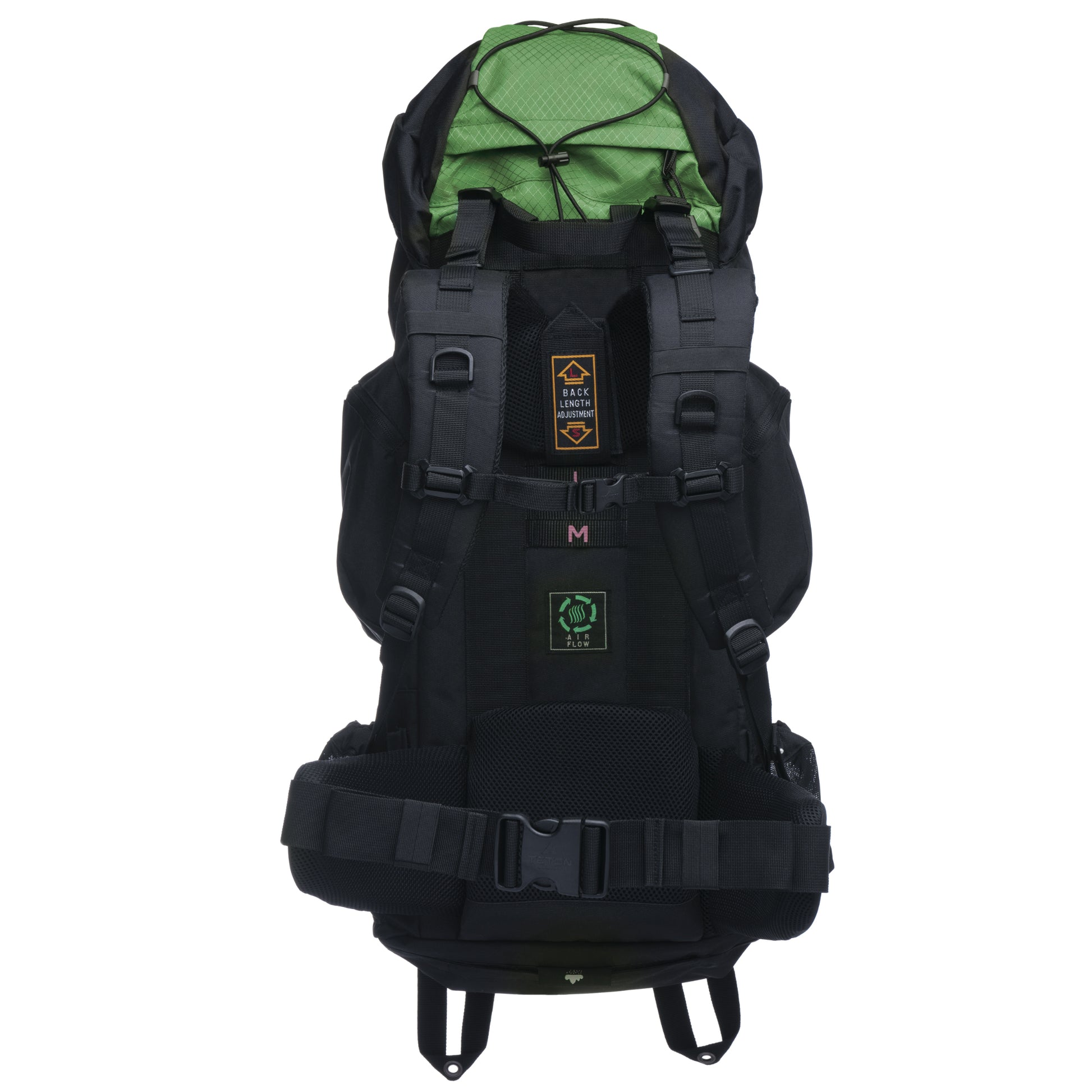 Black and green 45L hiking backpack on a white background