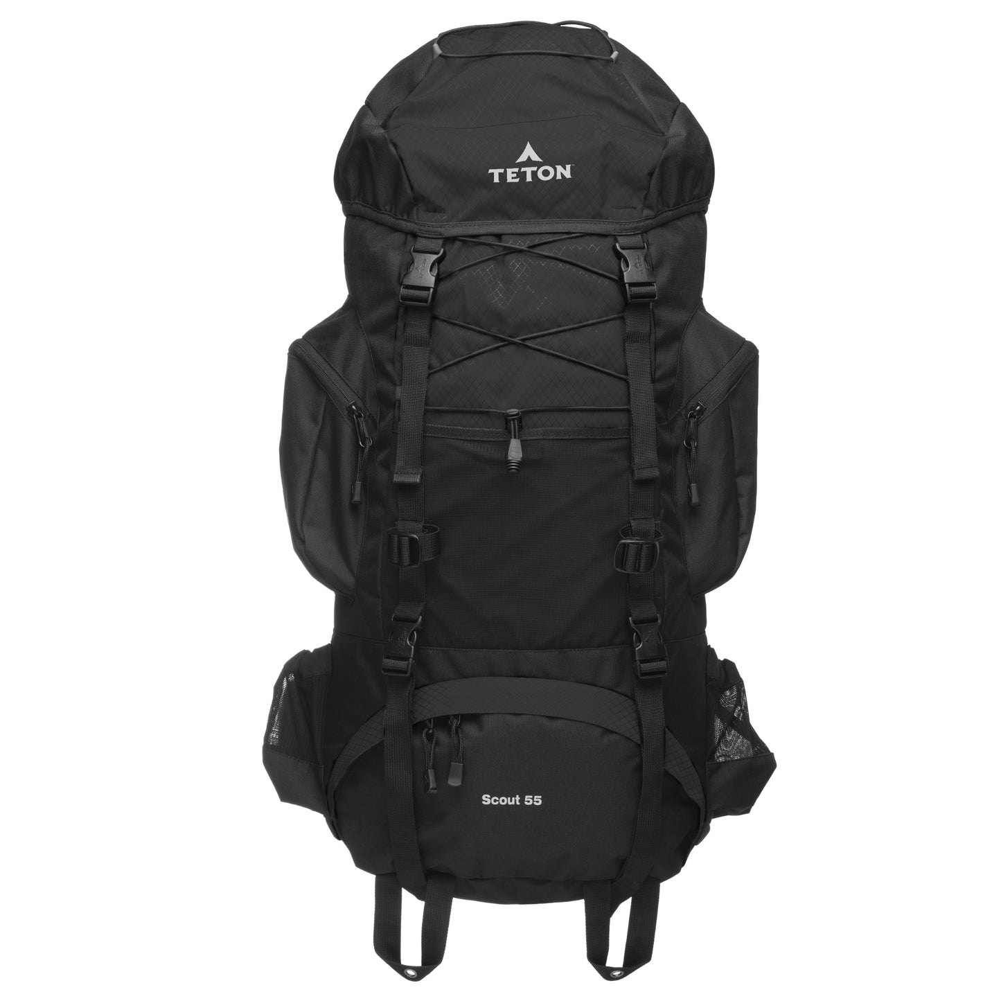 Black 55L hiking backpack with 'Teton' branding on a white background