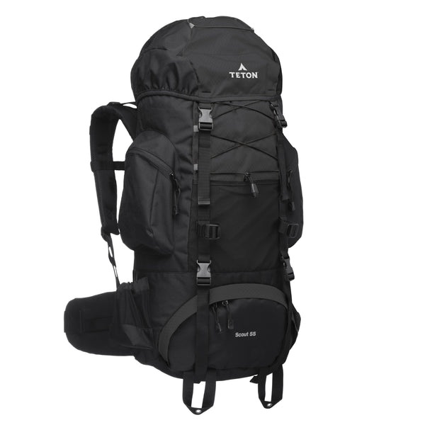 Black 65L hiking backpack with Teton brand logo on a white background