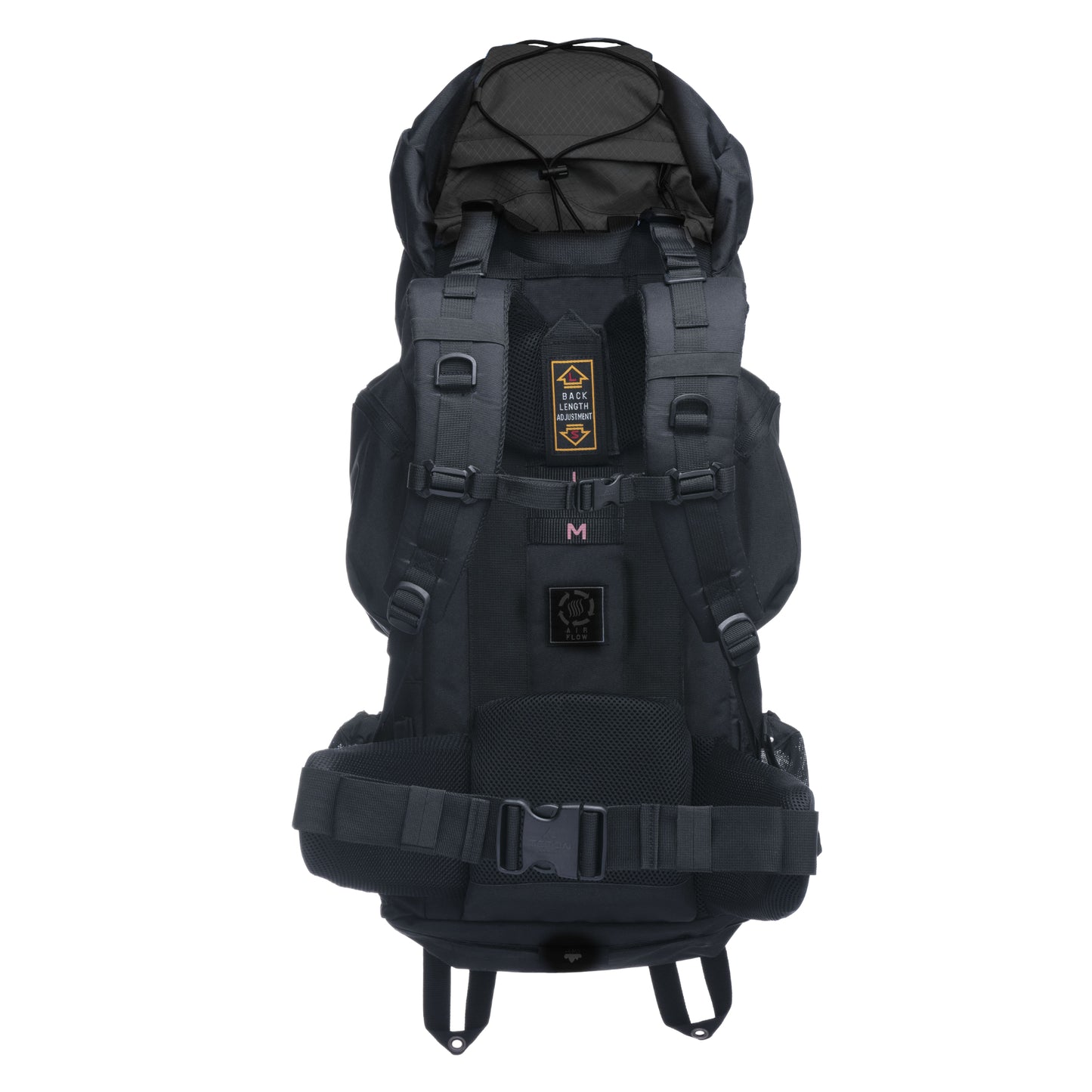 Black 55L backpack with multiple straps and buckles on a white background