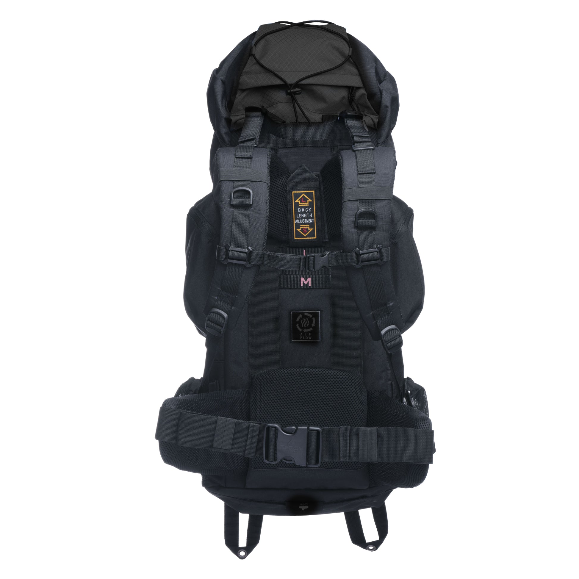 Black 55L backpack with multiple straps and buckles on a white background