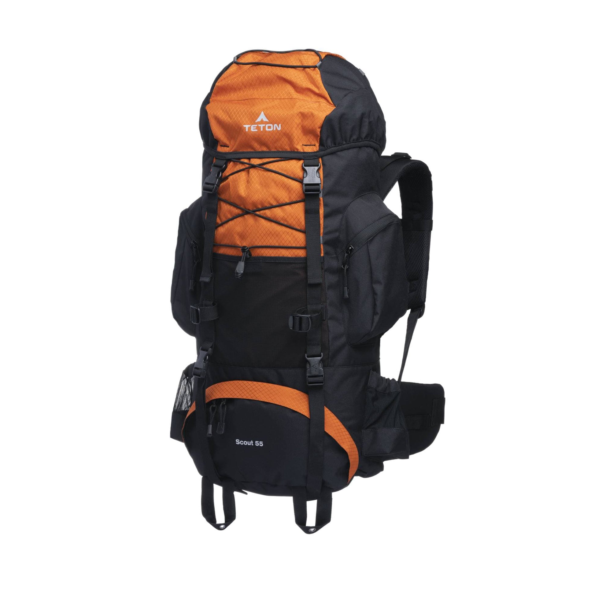 Black and orange 55L Teton backpack on a white background