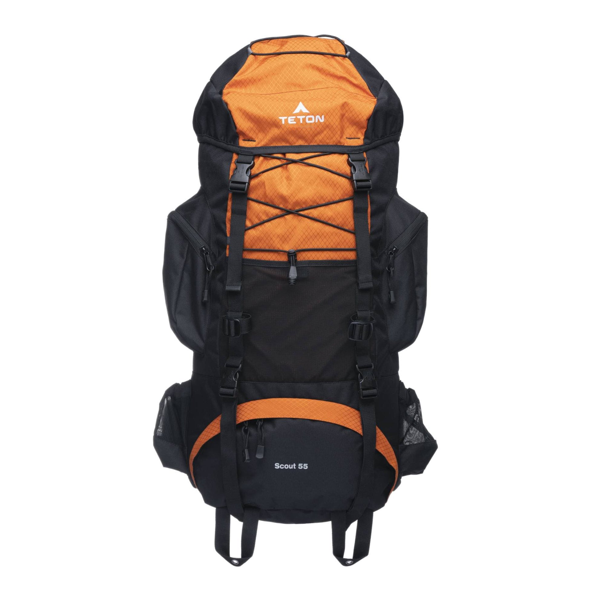 Black and orange 55L Teton backpack on a white background