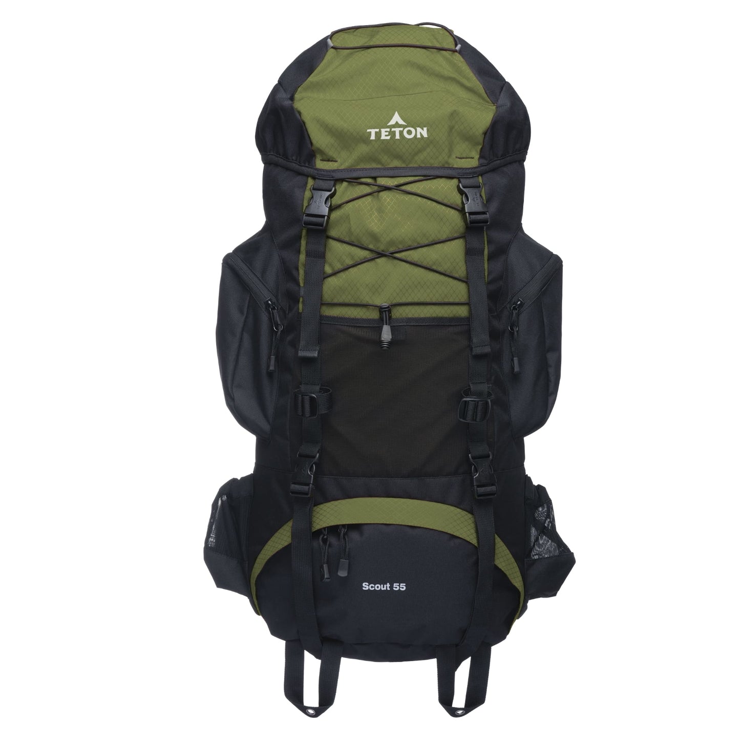 Green and black 55L backpack with Teton brand on a white background