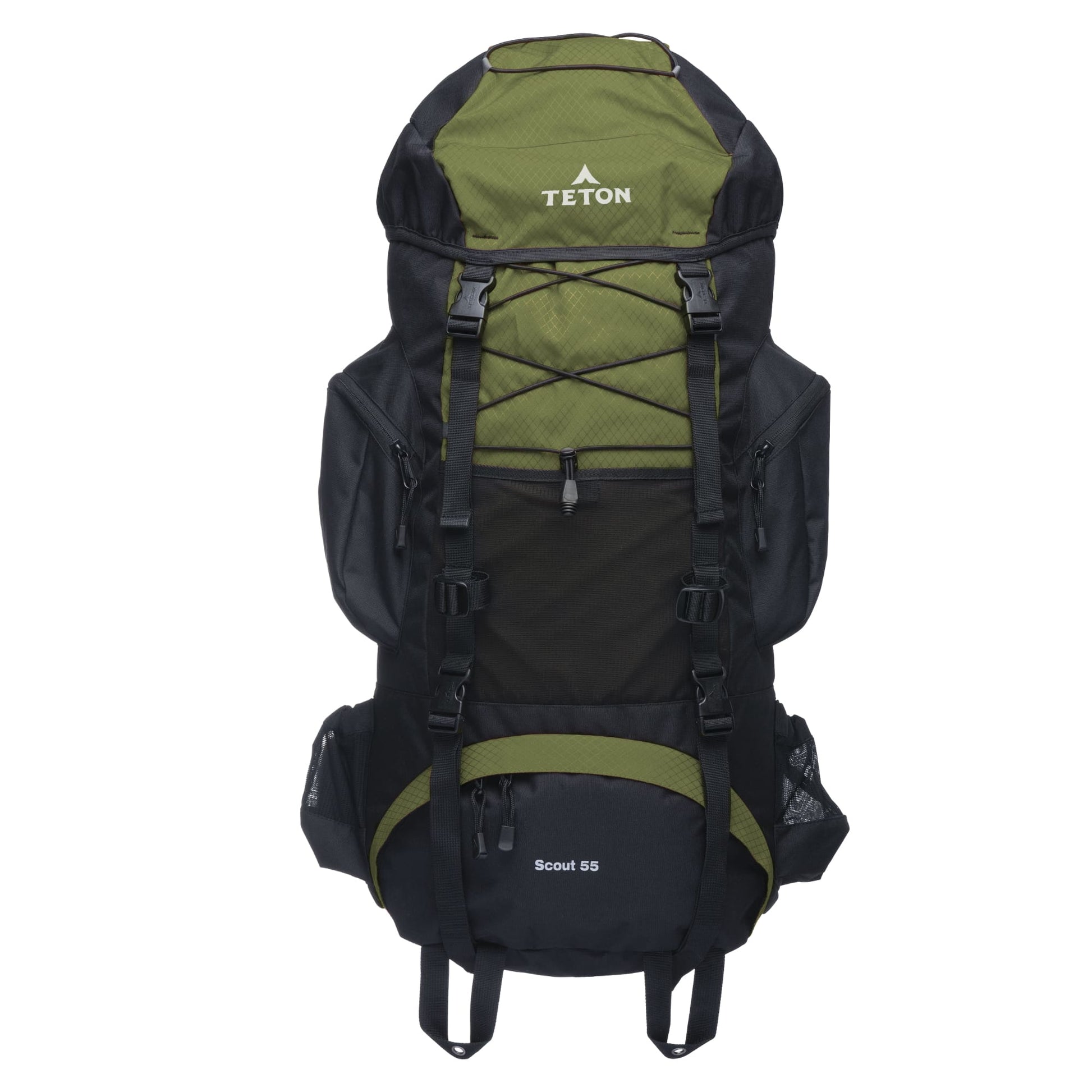 Green and black 55L backpack with Teton brand on a white background