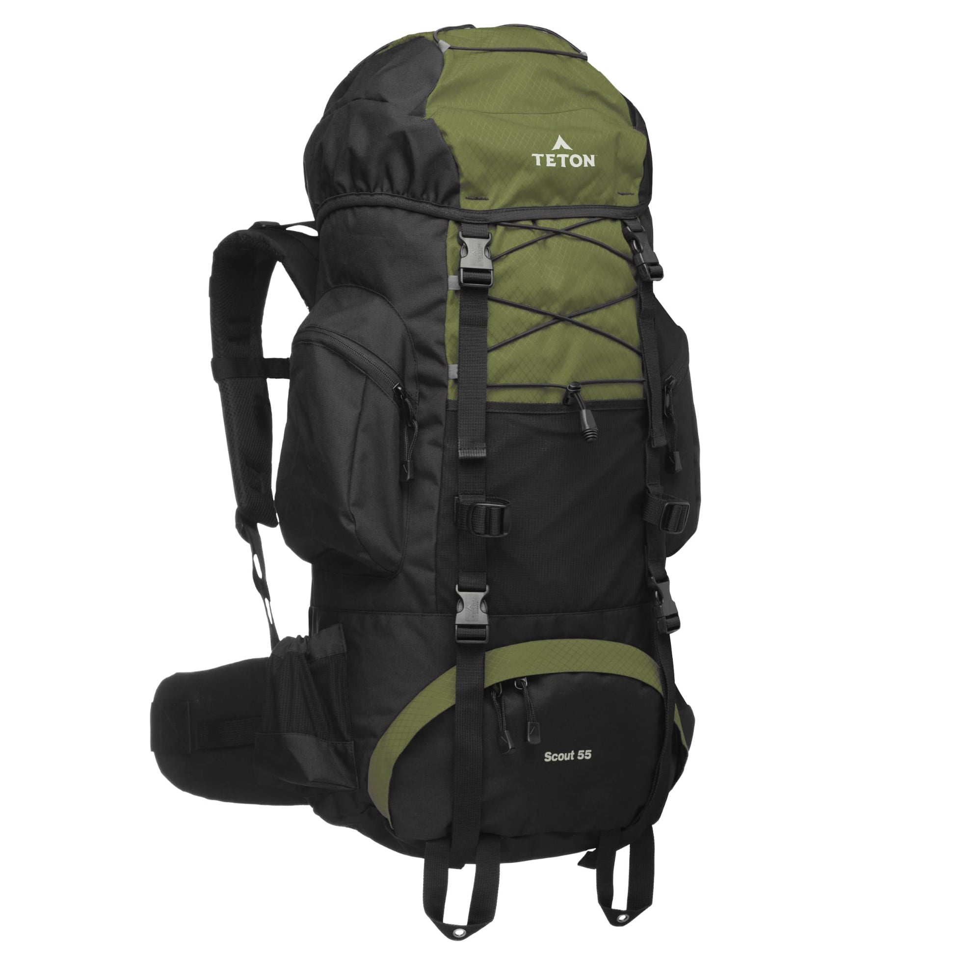 Green and black 55L backpack with Teton brand logo on a white background