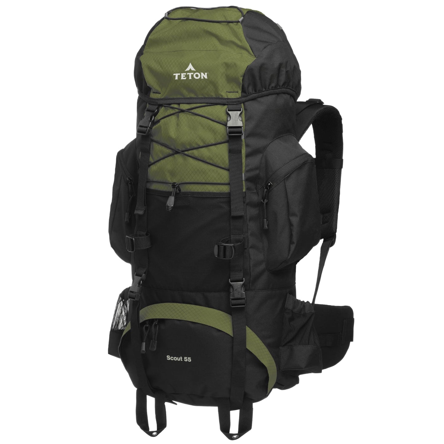 Green and black 55L backpack with Teton brand on a white background