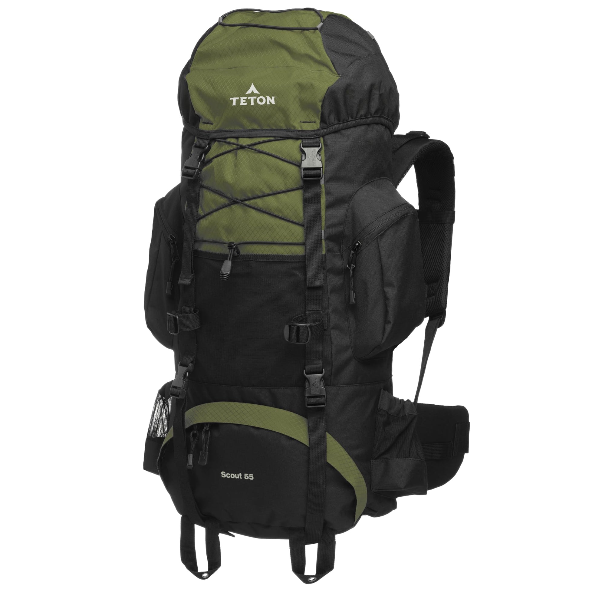 Green and black 55L backpack with Teton brand on a white background