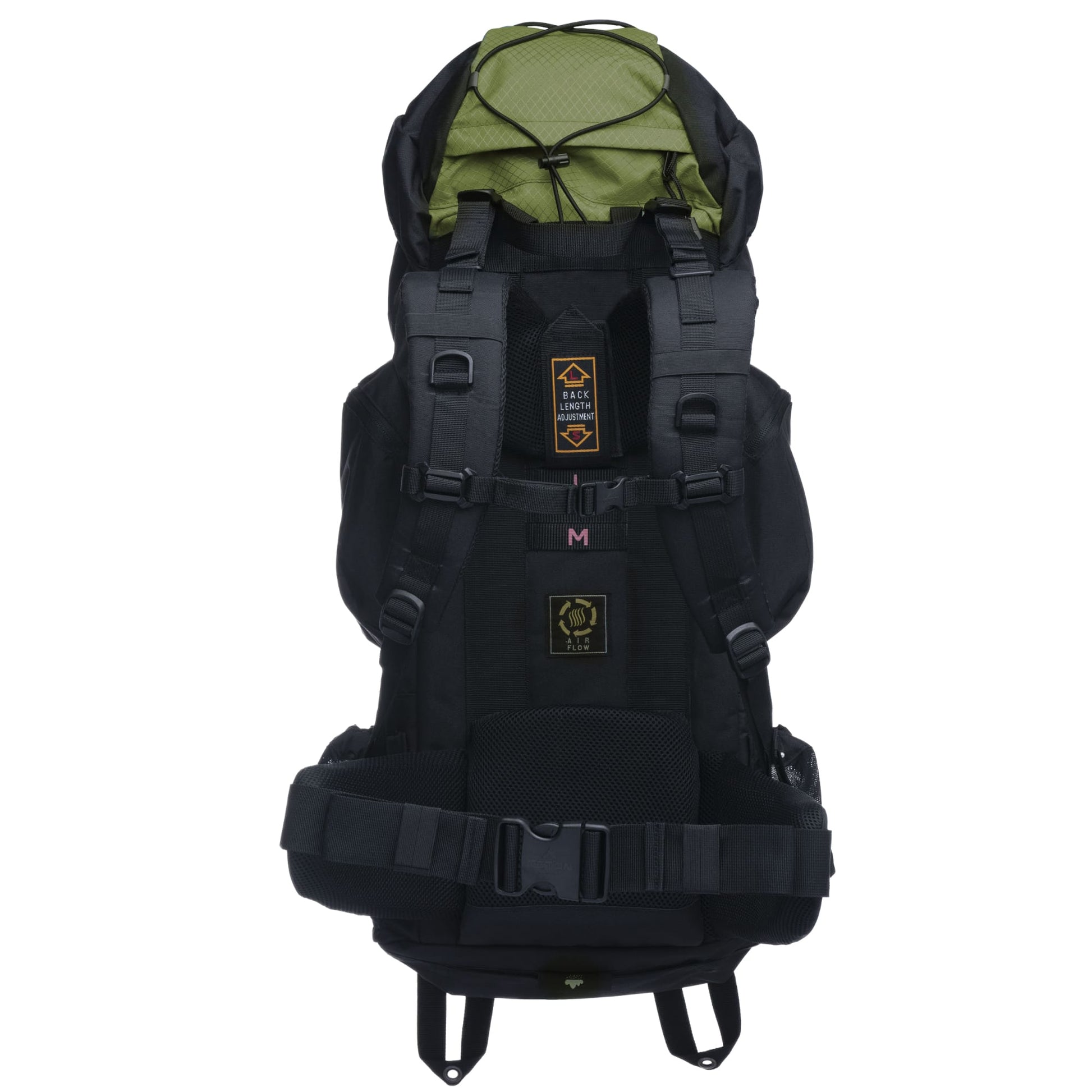 Black and green 55L backpack on a white background