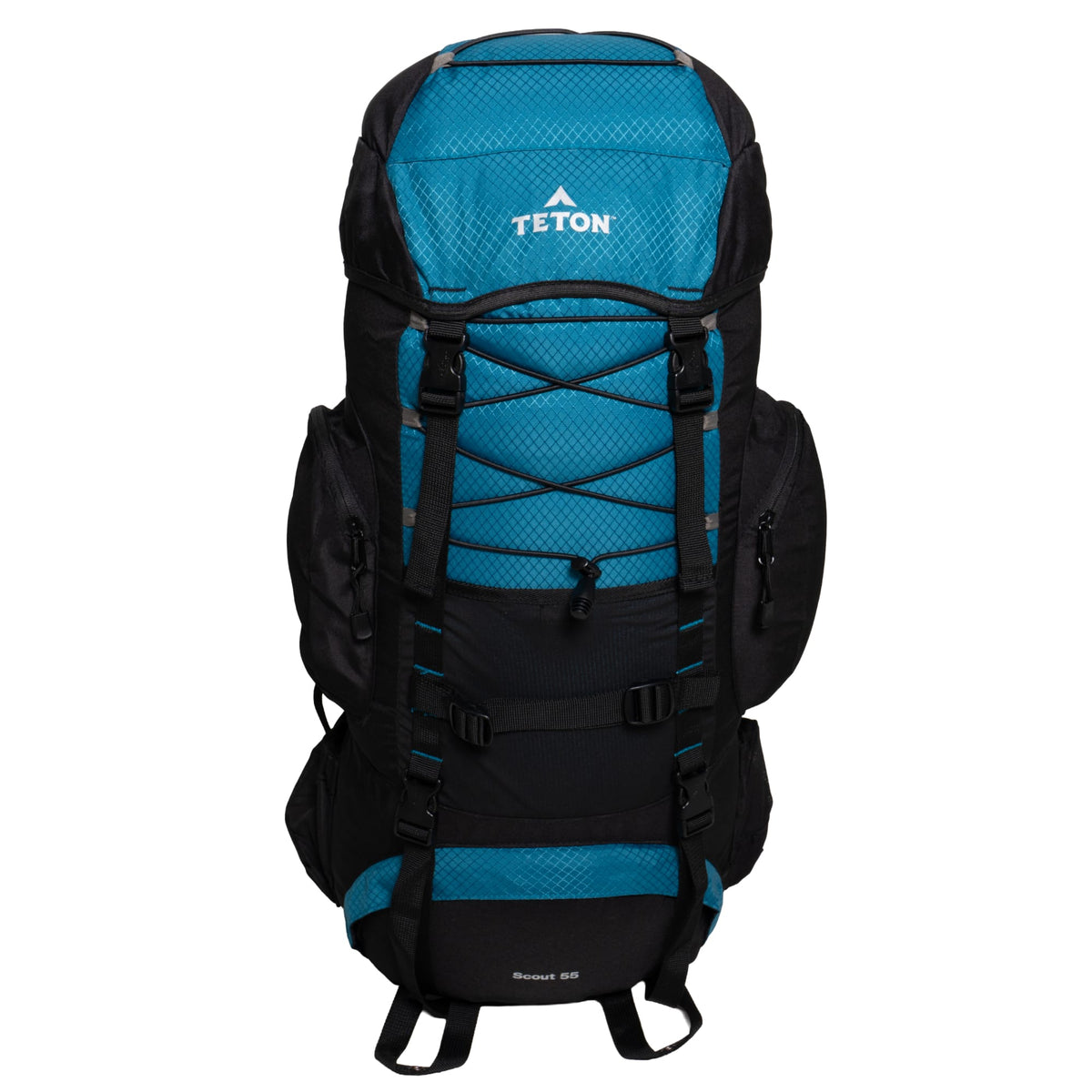 Blue and black 55L backpack with Teton brand logo on a white background