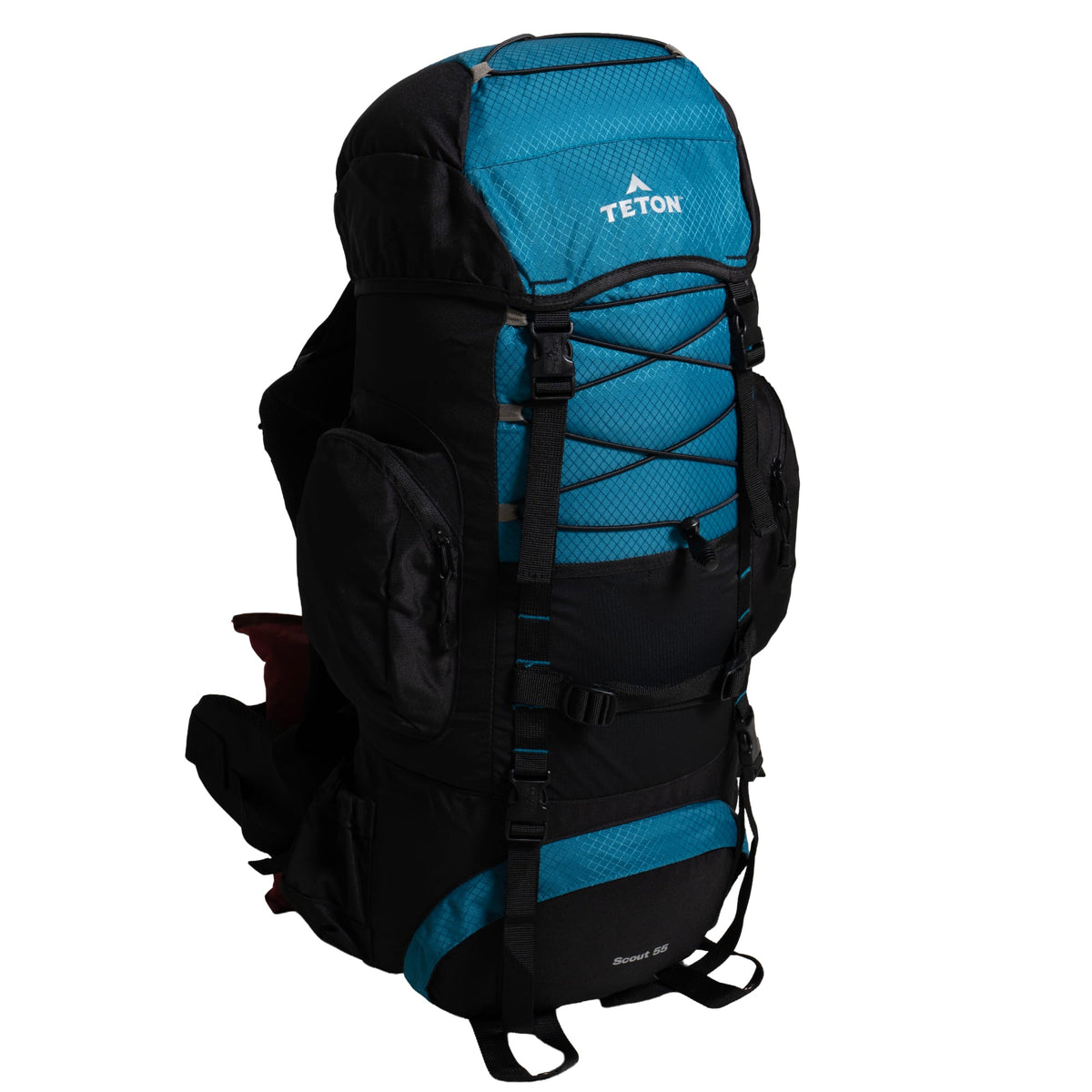 Blue and black 55L hiking backpack with Teton brand logo on a white background