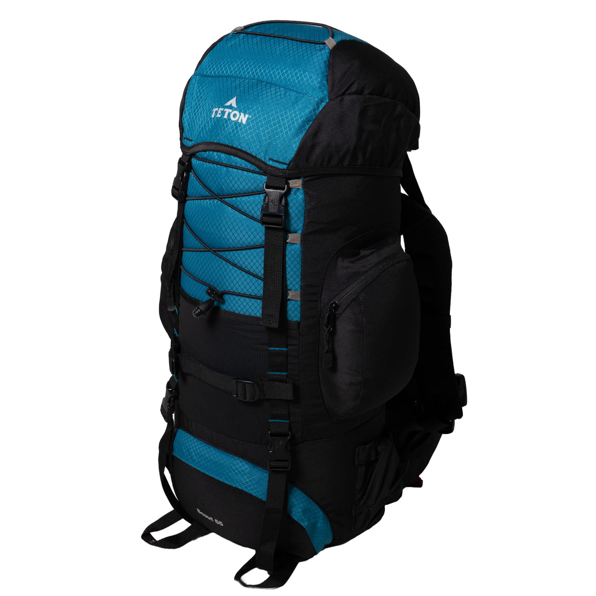Black and blue 55L backpack with a brand logo on a white background